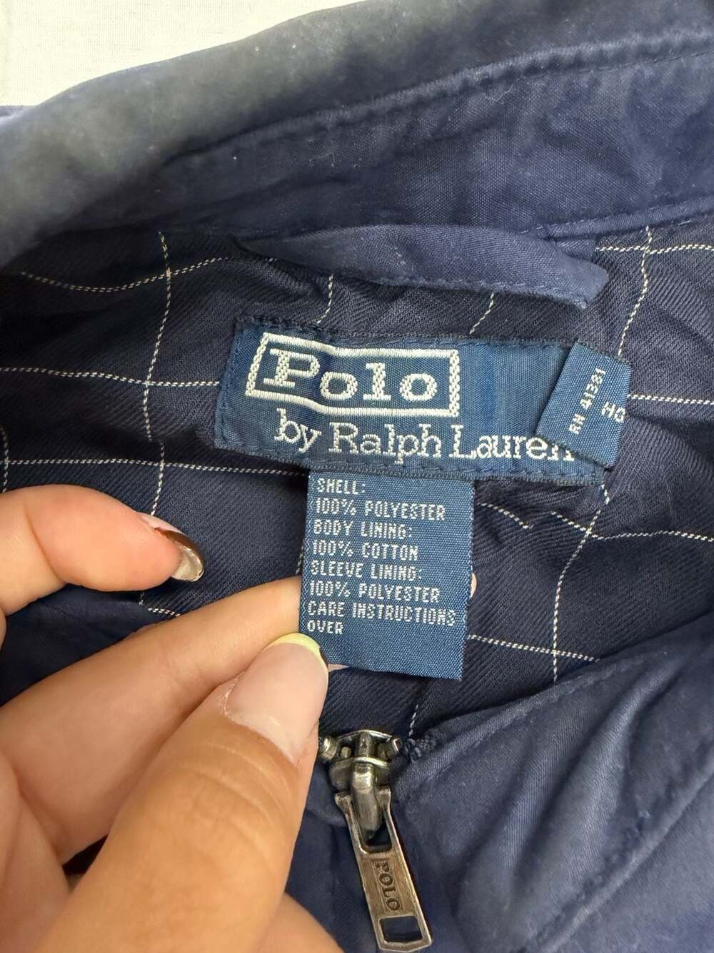 Vintage Polo Ralph Lauren Navy Harrington Jacket with Plaid Lining - Picture 6 of 10
